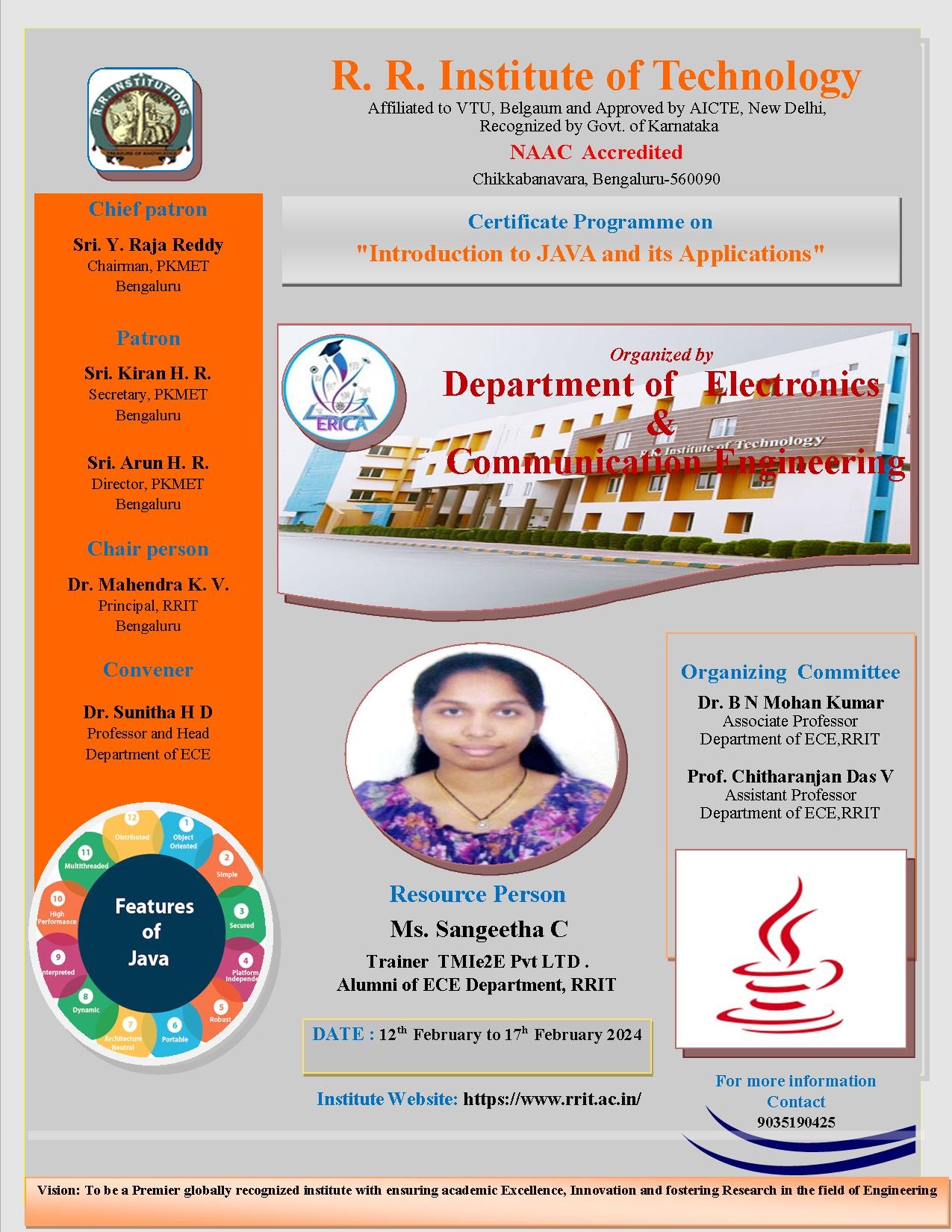 Department of ECE, RRIT is conducting a Certificate Program on ” Introduction to JAVA and its applications” from 12-02-2024 to 17-02-2024.