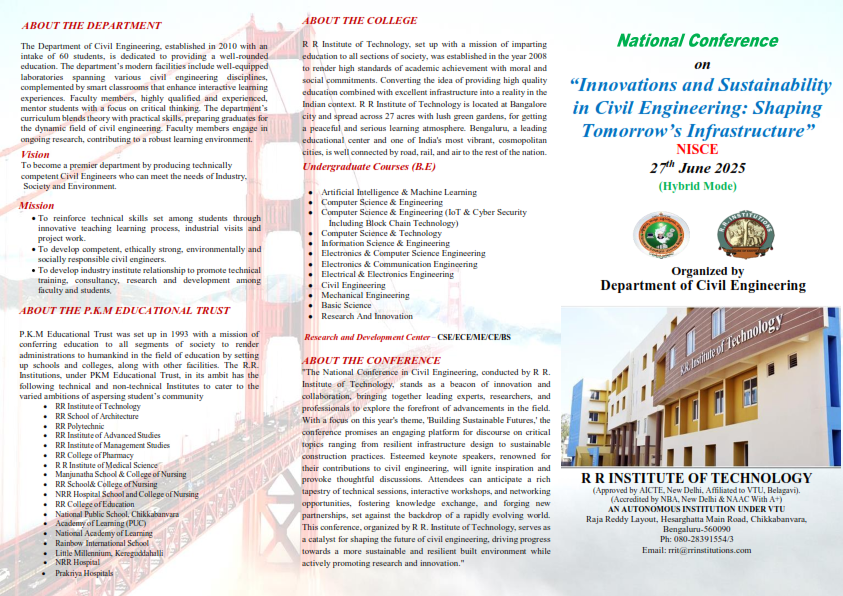Department of Civil Engineering is Organizing National Conference on “Innovations and Sustainability in Civil Engineering: Shaping Tomorrow’s Infrastructure” NISCE 27th June 2025 (Hybrid Mode)